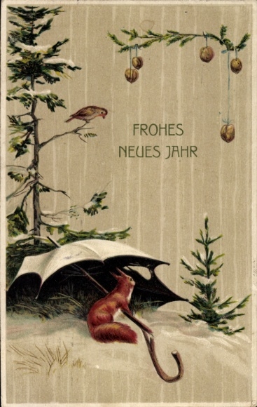 Präge Ak Fröhliches Neujahr, Eichhörnchen unter einem Schirm, Vogel