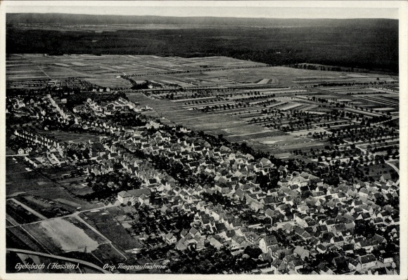 Postcard Egelsbach in Hesse, aerial view of Egelsbach, many houses, fields