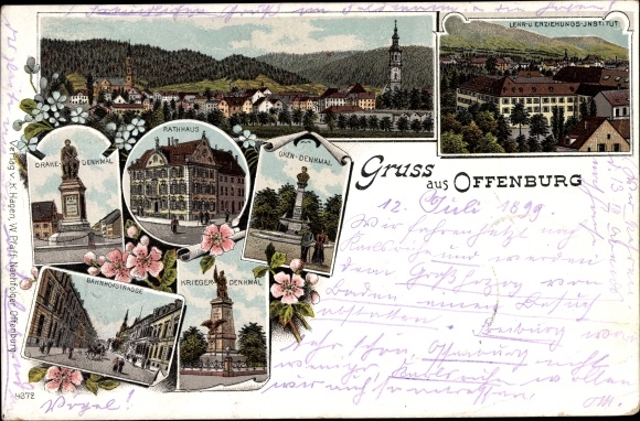 Chromo-Litho Offenburg in Baden Black Forest, Oken Monument, Drake Monument, City Hall, Bahnhofstrasse