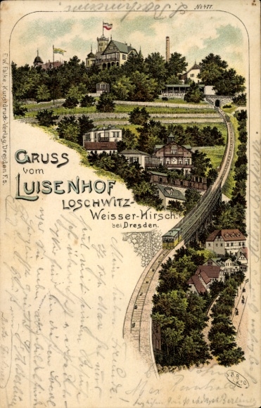 Chromo-Litho Dresden Northeast Loschwitz, Luisenhof, mountain railway, funicular, panorama