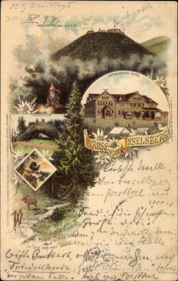 Litho Brotterode Trusetal in Thüringen, Inselsberg, Gothaisches Hotel, Torstein, Hirsch