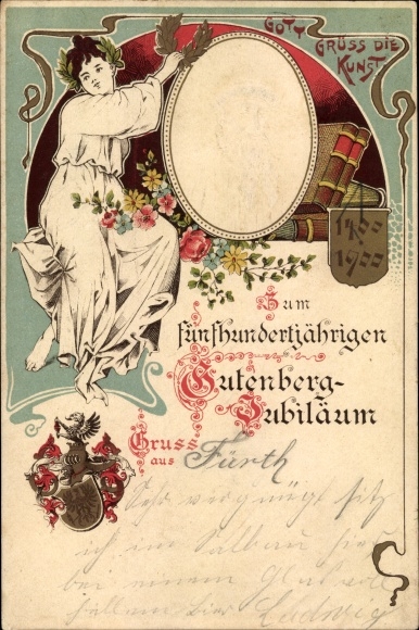 Präge Wappen Litho 500jh. Gutenberg Jubiläum 1400 - 1900