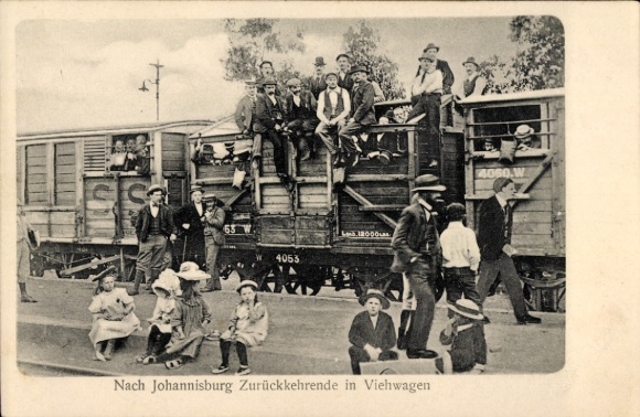 Ak Burenkrieg, Nach Johannisburg Zurückkehrende in Viehwagen, Johannesburg