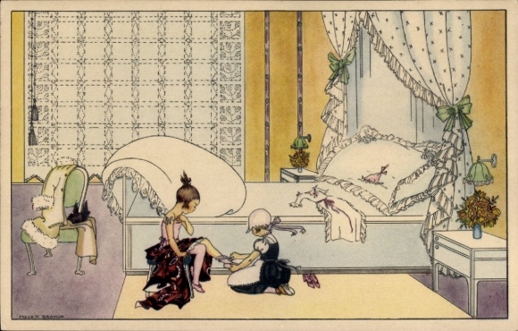 Artist Postcard Köhler, M., children, maid, shoe, bedroom, bed