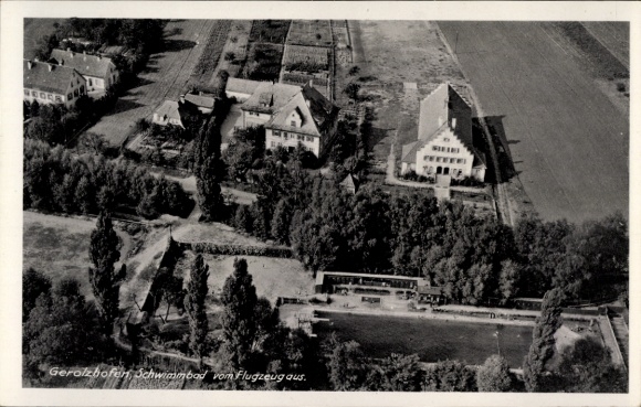 Postcard Gerolzhofen, aerial photograph of the town, swimming pool