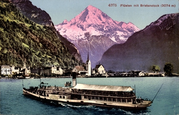 Postcard Flüelen Canton Uri Switzerland, steamer Germania, Lake Lucerne, city view