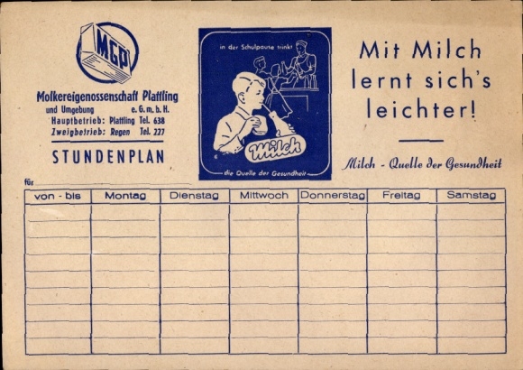 Timetable Dairy cooperative Plattling, with milk it is easier to learn around 1950