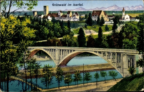 Ak Grünwald in de Isar-vallei Opper-Beieren, stadszicht, brug