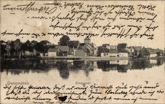 Postcard Grevesmühlen in Mecklenburg, black and white view of calm lake, houses on the shore