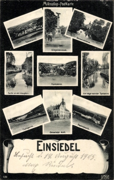 Ak Einsiedel Chemnitz, Kriegerdenkmal, Gemeindehaus, Talsperre, Gemeindeamt, Papierfabrik, Hauptstr.