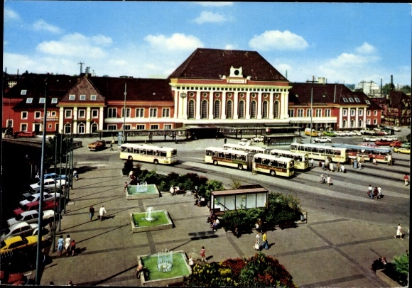 Postcard Hamm in Westphalia, train station and station square, buses and cars, city view, fountain