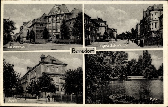 Postcard Borsdorf in Sachsen, town hall, school, park, August Bebel Straße
