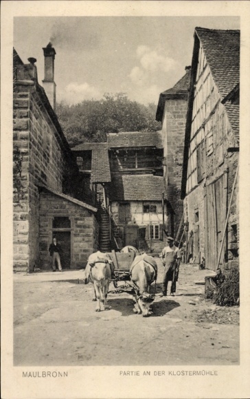 Postcard Maulbronn in the Black Forest, part of the monastery mill, horses with carriage, buildings in the background