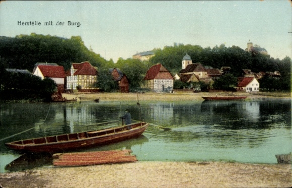 Postcard Herstelle Beverungen North Rhine Westphalia, boat, castle