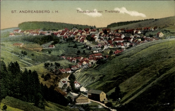 KP St. Andreasberg Braunlage w górach Harz, Oderteich, widok na całe morze drewna dryftowego, pagórkowaty krajobraz...