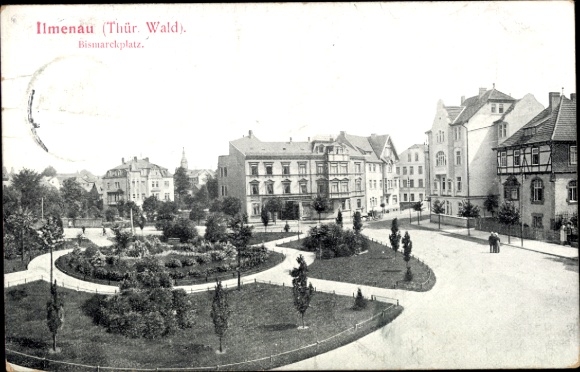 Postcard Ilmenau in Thuringia, Bismarckplatz, parks, buildings, people walking