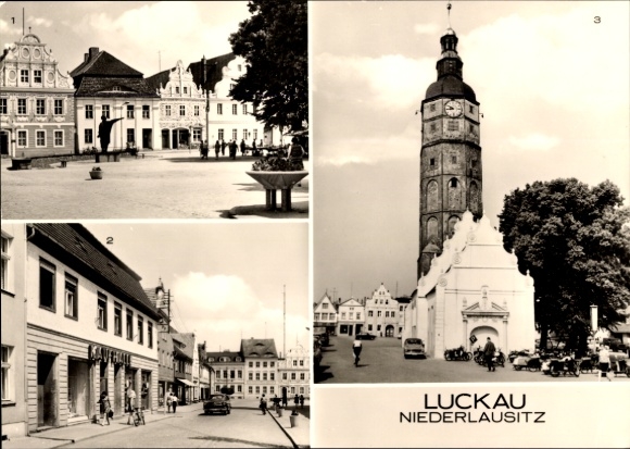 KP Luckau na Dolnych Łużycach, rynek z pomnikiem Karla Liebknechta, główna ulica, Am Markt