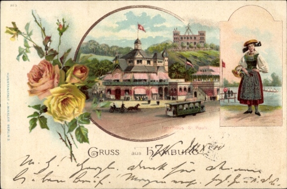 Chromo-Litho Hamburg St. Pauli, tram in front of the ferry house, girls in traditional costume