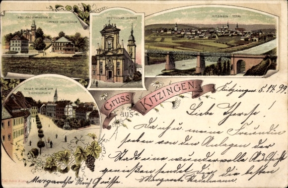 Chromo-Litho Kitzingen in Mainfranken Bavaria, Kaiser-Wilhelm-Straße, Progymnasium, Church
