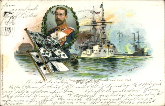 Kunstenaar Litho Stöwer, Willy, Duits oorlogsschip, SMS Duitsland, slagschip, Prins Heinrich