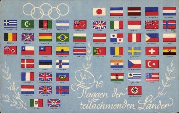 Postcard Olympia Berlin 1936, flags of the participating countries