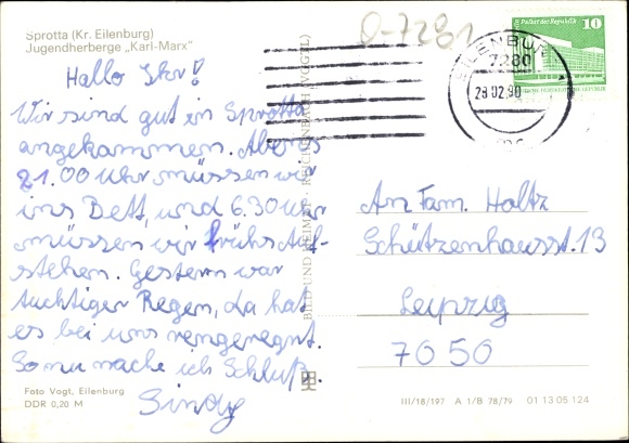 Postcard Sprotta in Saxony, youth hostel Karl Marx