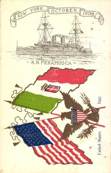 Künstler Ak Kriegsschiff RN Fieramosca, New York Oktober 1908, Fahnen