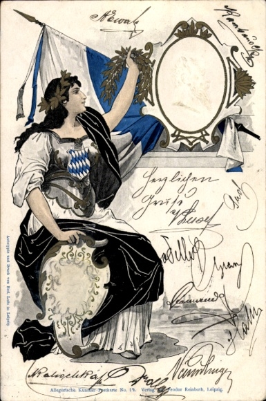 Präge Litho München, König Ludwig III. von Bayern, Portrait, Bavaria mit Fahne und Wappenschild