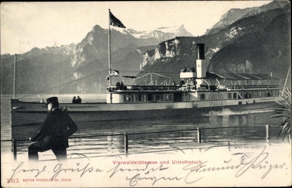 Postcard saloon steamer Italia on Lake Lucerne, Urirotstock