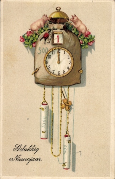 Präge Ak Glückwunsch Neujahr, Uhr, Schweine, Geld