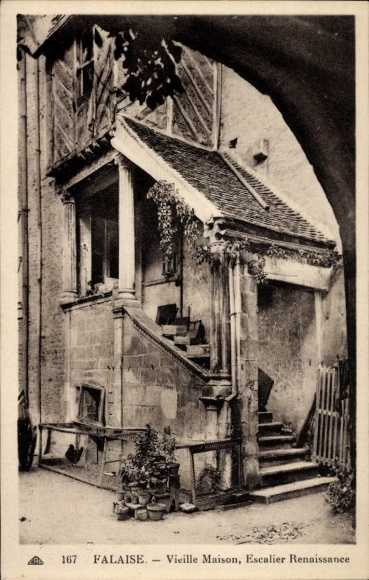 Postcard Falaise Calvados, half-timbered house with Renaissance staircase