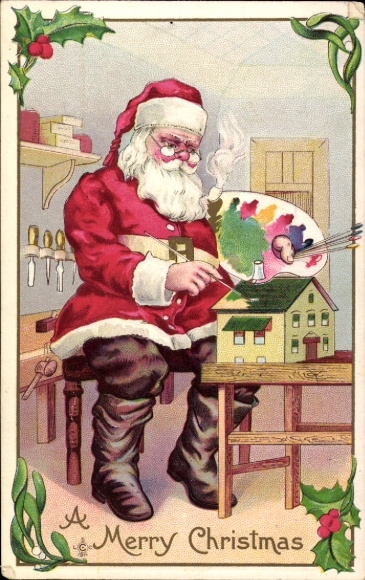 Ak Glückwunsch Weihnachten, Weihnachtsmann bemalt ein Spielzeughaus