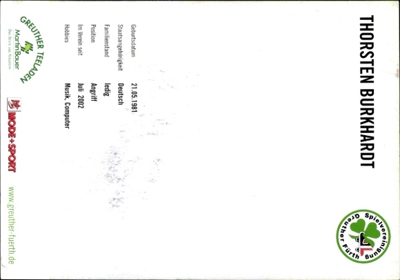 Autograph card footballer Thorsten Burkhardt, SpVgg Greuther Fürth, autograph