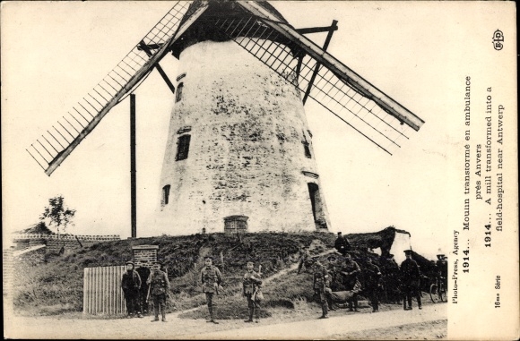 Postcard Anvers Antwerp Flanders, windmill, soldiers