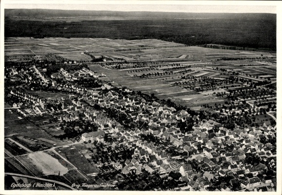 Postcard Egelsbach in Hesse, aerial view of Egelsbach, rural area, residential houses, fields