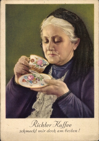 Postcard Richter coffee tastes best to me, woman, cup, Max Richter coffee roastery, Leipzig