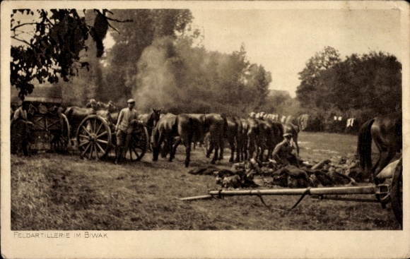 Dresden Gompitz Artillery Battalion, field artillery in bivouac. Horses, soldiers, cannons, rifles, and trees are...