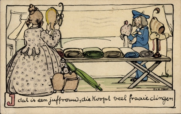 Künstler Ak Frau am Marktstand, Stoff, Kauf, Hut