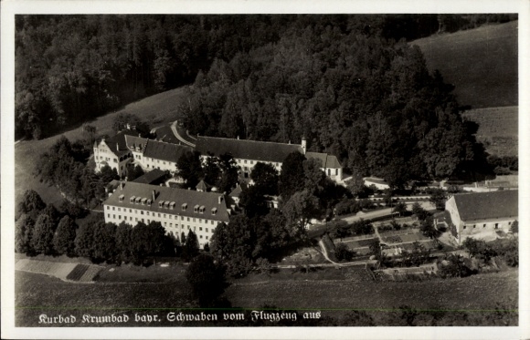 Postcard Krumbach in Swabia, Krumbad, spa town, aerial photograph, buildings, Bavarian landscape, Swabia