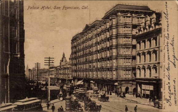 Ak San Francisco Californië VS, Palace Hotel, architectuur, straten met paardenkoetsen