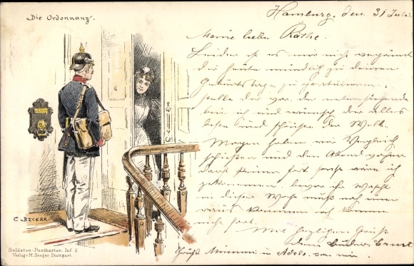 Artist Chromo-Litho Becker, Carl, The orderly, maid, German soldier in uniform