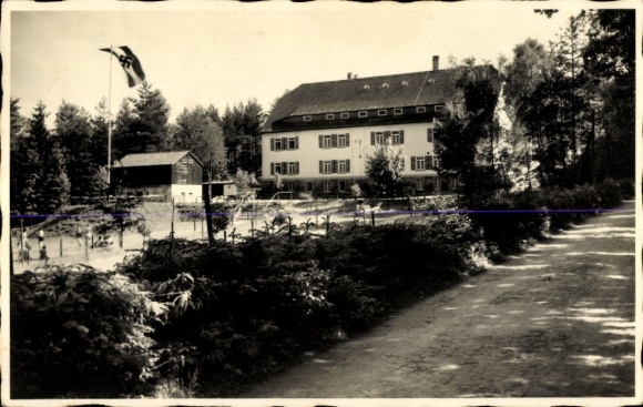Postcard Neukirch in der Lausitz, German Youth Hostel at Valtenberg, surroundings with trees, countryside...