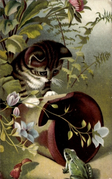 Chromo-Litho cat and frog, flowerpot, flowers