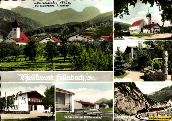 Postcard Bad Feilnbach in Upper Bavaria, Wendelstein, the sleeping virgin, Heimgarten, Herz Jesu church