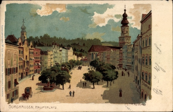 Artist Chromo-Litho Kraemer, P., Burghausen in the district of Altötting Upper Bavaria, main square, Zieher