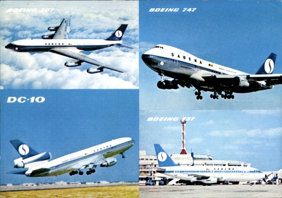 Postcard Douglas DC 10, Boeing 747, Boeing 737, passenger aircraft, Belgian airline Sabena