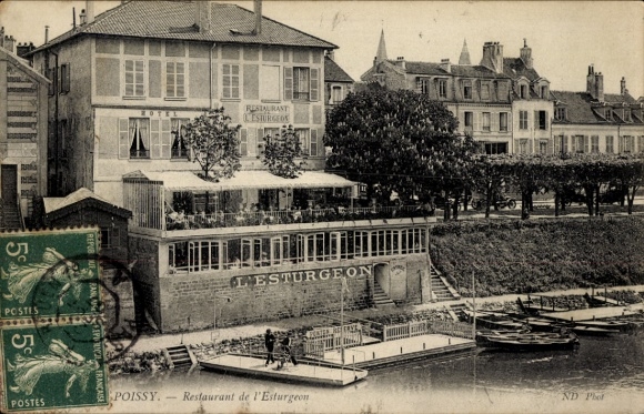 Ak Poissy Yvelines, Restaurant L'Esturgeon, Flussansicht,  Architektur, Boote