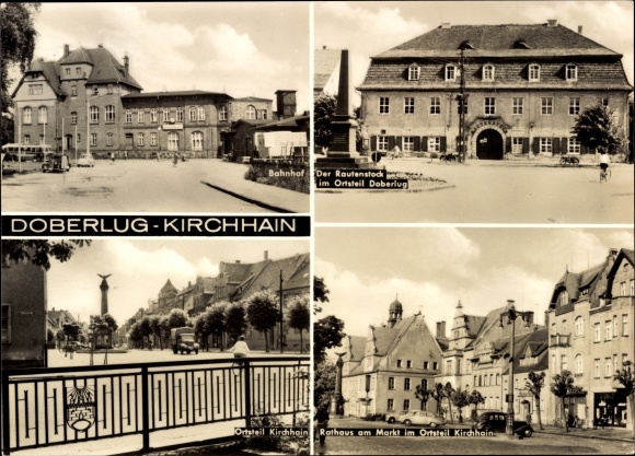 Postcard Doberlug Kirchhain in Brandenburg, train station, Kirchhain district, town hall on the market