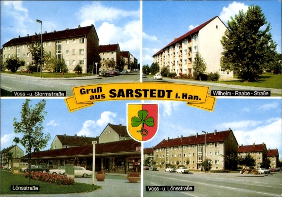 Postcard Sarstedt Lower Saxony, Vossstraße, Stormstraße, Wilhelm-Raabe-Straße, Lönsstraße