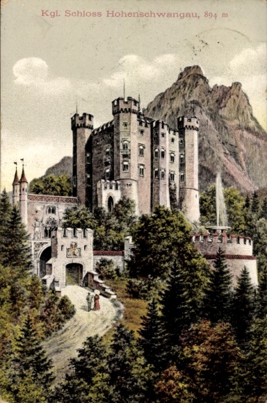 Postcard Hohenschwangau Schwangau in the Ostallgäu, castle impressive architecture, mountain landscape,